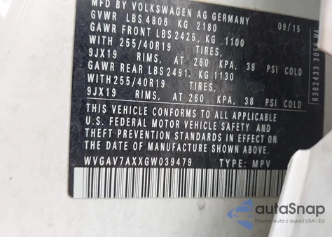 2016 Volkswagen Tiguan R-Line z USA, uszkodzony, nr VIN WVGAV7AXXGW039479